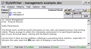 click to see the same management report edited into plain English with StyleWriter